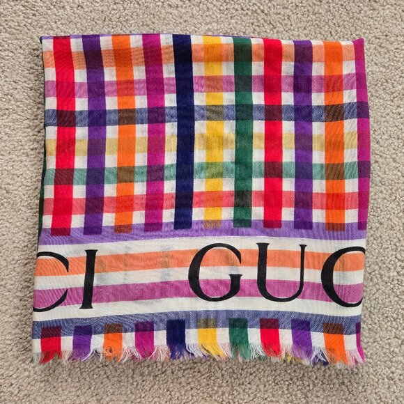Gucci Multicolor Stripe Check Wool Shawl/Scarf - Picture 1 of 16